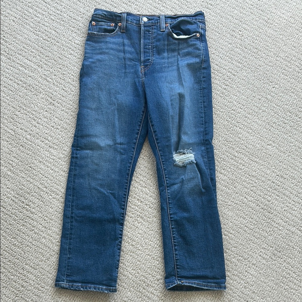 Levi's Blue Straight Leg Jeans with Distressed Details